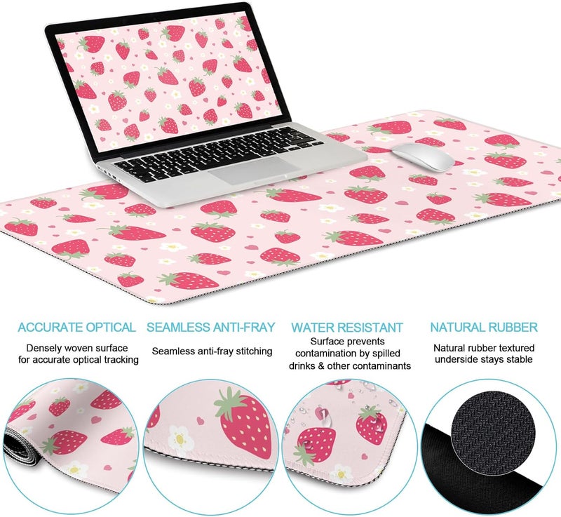 LIMKRIAN Strawberry Mouse Pad Desk Mat Set, Pink Ergonomic Mouse Pad with Wrist Rest, Large Gaming Mousepad Wrist Support Keyboard Mat Cup Coaster Set, Cute Office Desk Decor Accessories Supplies - Image 3